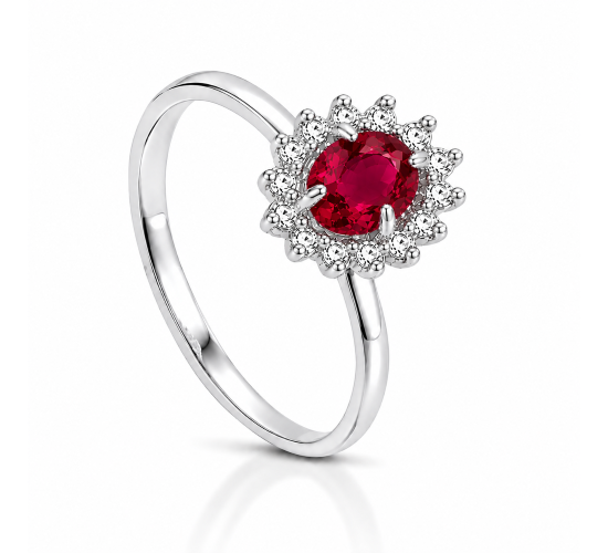 Anel pedra maior oval vermelho rubi, zirconia cristal em volta, 0,90mm, prata 3430049
