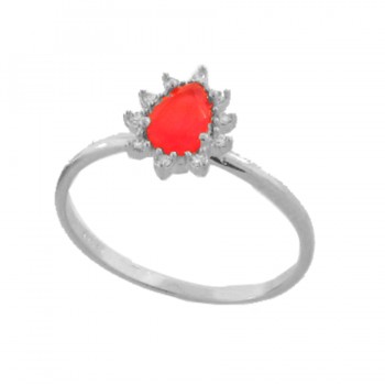Anel solitario gota vermelho rubi e e zirconia cristal em volta, Prata. 3430059