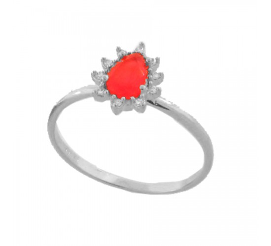 Anel solitario gota vermelho rubi e e zirconia cristal em volta, Prata. 3430059