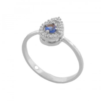 Anel gota pequena zirconia cristal em volta e azul safira dentro, prata. 3430072