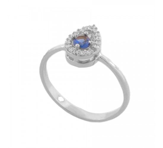 Anel gota pequena zirconia cristal em volta e azul safira dentro, prata. 3430072