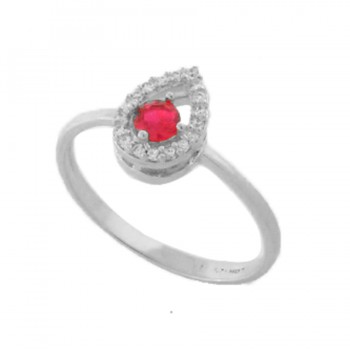 Anel gota pequena zirconia cristal em volta e vermelho rubi dentro, prata. 3430079