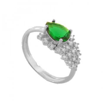 Anel gota verde esmeralda, lateral com cascata de zirconia cristal, Prata.. 3430108