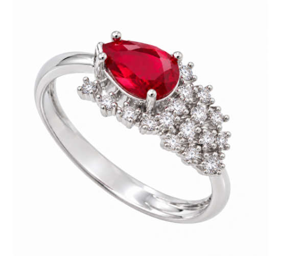 Anel gota vermelho rubi lateral com cascata de zirconia cristal, Prata. 3430109