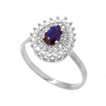 Anel gota azul safira dentro e zirconia cristal em volta, Prata. 3430172