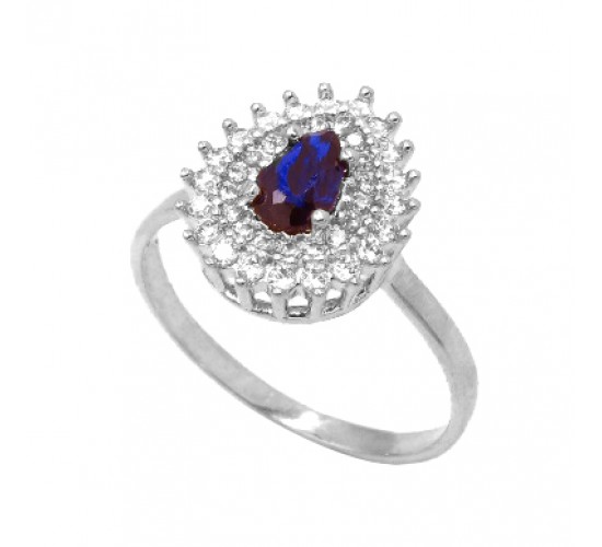 Anel gota azul safira dentro e zirconia cristal em volta, Prata. 3430172