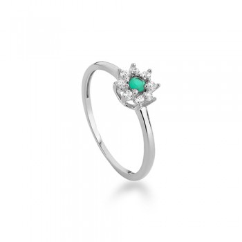 Anel flor pequena zirconiz verde no miolo e cristal em volta, prata. 3430238