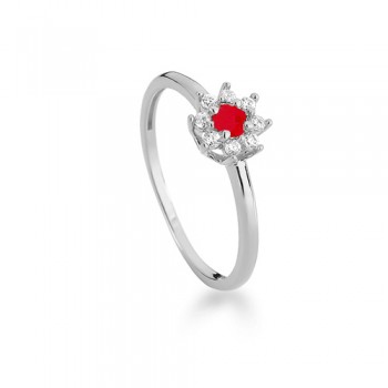 Anel flor pequena zirconia vermelha dentro e cristal em volta, prata. 3430239