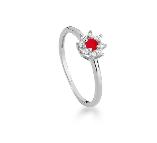 Anel flor pequena zirconia vermelha dentro e cristal em volta, prata. 3430239