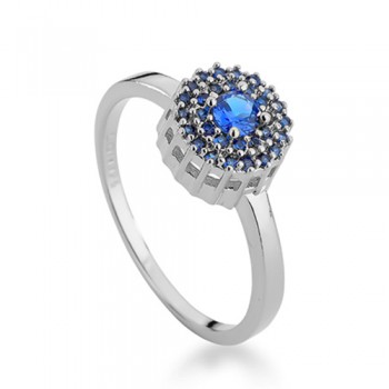 Anel chuveiro redondo zirconia azul safira em volta e maior dentro, prata. 3435352