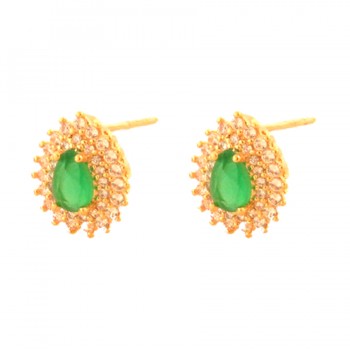 Brinco gota pedra maior verde esmeralda com zirconia cristal em volta. 8x6mm. 150005
