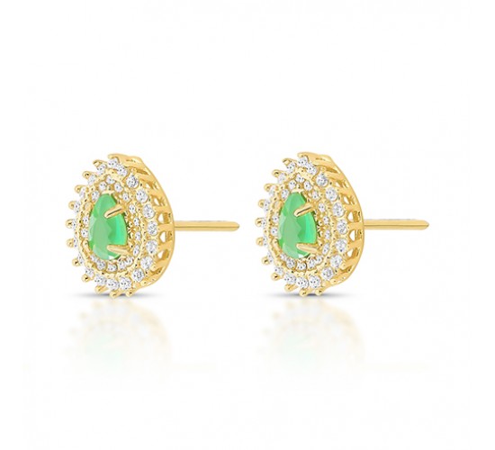 Brinco gota pedra maior verde esmeralda com zirconia cristal em volta. 8x6mm. 150005