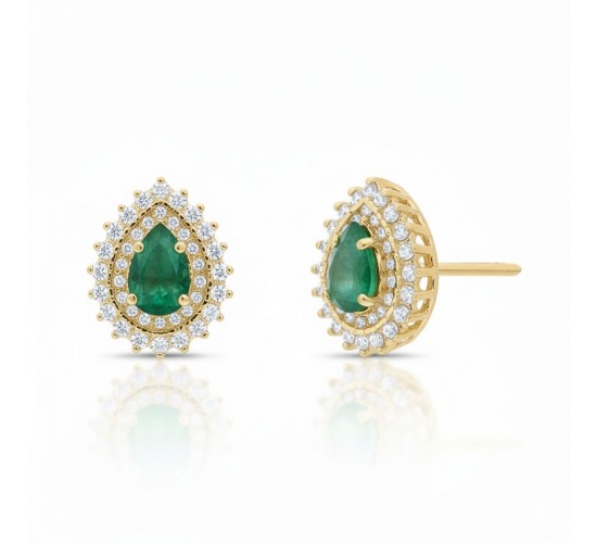 Brinco gota pedra maior verde esmeralda com zirconia cristal em volta. 8x6mm. 150005