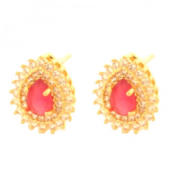 Brinco gota pedra maior vermelho rubi com zirconia cristal em volta. 8x6mm. 150007