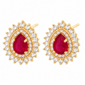 Brinco gota pedra maior vermelho rubi com zirconia cristal em volta. 8x6mm. 150007 Brinco gota pedra maior vermelho rubi com zirconia cristal em volta. 8x6mm. 150007
