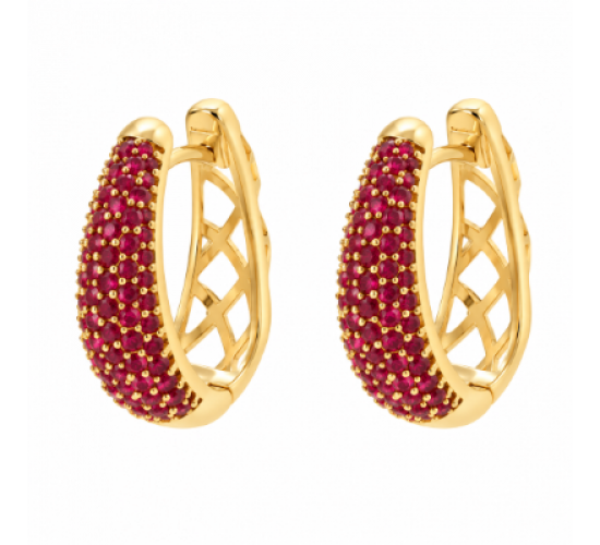 Brinco argola oval zirconia vermelha na frente vazado atras. 13x2mm. 150022