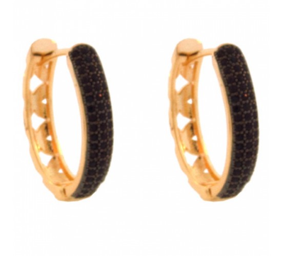 Brinco argola media oval zirconia negra na frente e vazado atras. 150769