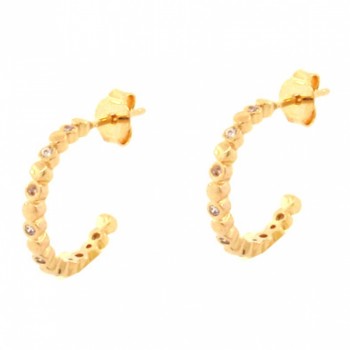 Brinco meia argola media fina intercalado bolinha lisa e zirconia cristal. 14mm. 150772