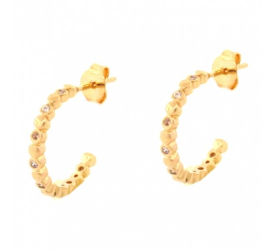 Brinco meia argola media fina intercalado bolinha lisa e zirconia cristal. 14mm. 150772
