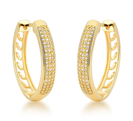 Brinco argola media oval zirconia cristal na frente vazado atras. 21mm. 150838