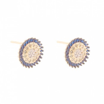 Brinco pizza zirconia cristal no centro e azul em volta. 6mm. 150995