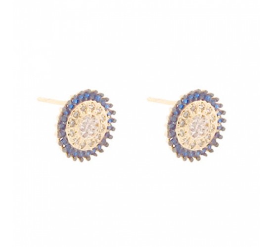Brinco pizza zirconia cristal no centro e azul em volta. 6mm. 150995