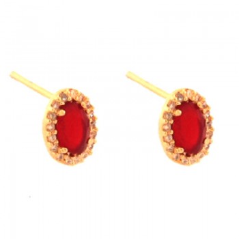 Brinco oval pedra maior vermelho rubi com zirconia cristal em volta. 9x6mm. 151009