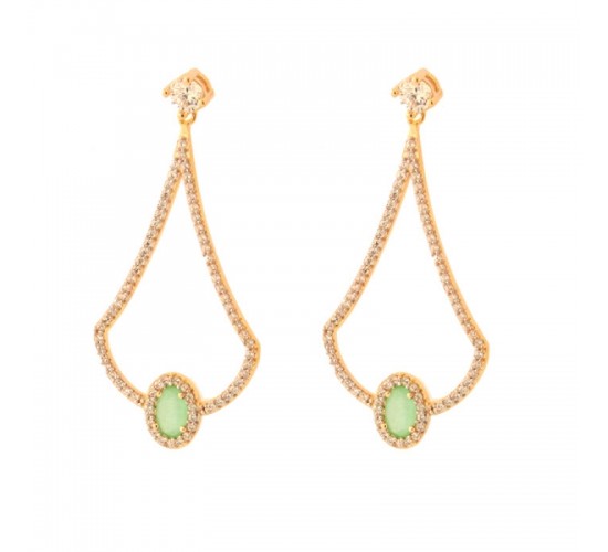Brinco grande vazado com pedra cor verde paraiba. 36x17mm. 151296