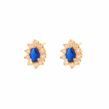 Brinco gota pequena zirconia azul safira no centro e cristal em volta. 5x2mm. 151305