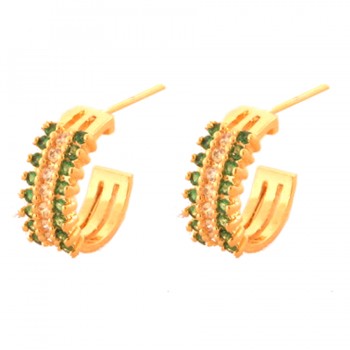 Brinco meia argola media 3 fileiras zirconia verde centro cristal. 12.5mm. 151366