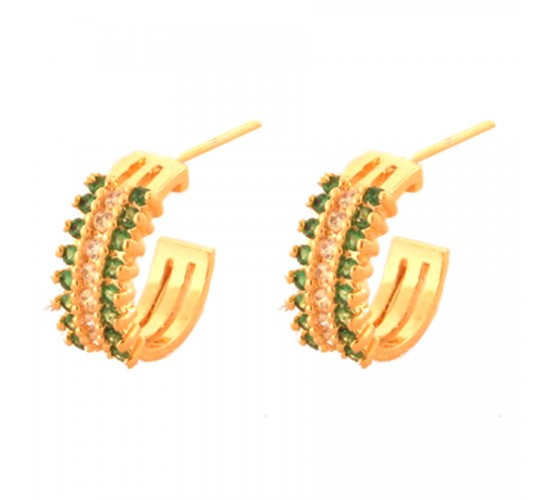 Brinco meia argola media 3 fileiras zirconia verde centro cristal. 12.5mm. 151366