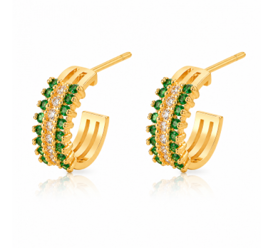 Brinco meia argola media 3 fileiras zirconia verde centro cristal. 12.5mm. 151366