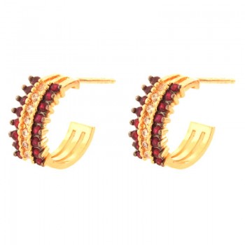 Brinco meia argola media 3 fileiras zirconia vermelha centro cristal. 12.5mm. 151367