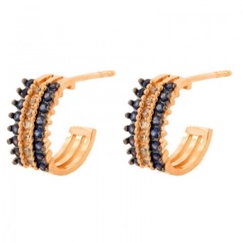 Brinco meia argola media 3 fileiras zirconia azul safira centro cristal. 12.5mm. 151368