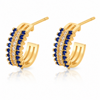 Brinco meia argola media 3 fileiras zirconia azul safira centro cristal. 12.5mm. 151368