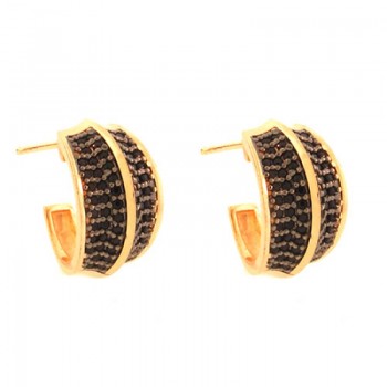 Brinco meia argola media zirconia negra filete liso no centro. 16x10mm. 151384