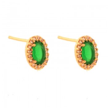 Brinco oval pedra maior verde esmeralda com zirconia cristal em volta. 9x6mm. 151385