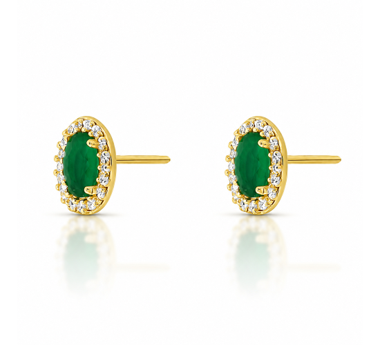 Brinco oval pedra maior verde esmeralda com zirconia cristal em volta. 9x6mm. 151385