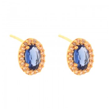 Brinco oval pedra maior azul tanzanita com zirconia cristal em volta. 9x6mm. 151386