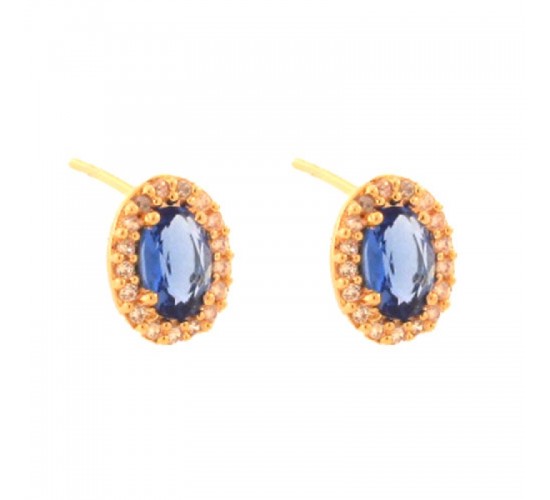 Brinco oval pedra maior azul tanzanita com zirconia cristal em volta. 9x6mm. 151386