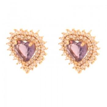 Brinco coracao pedra maior lilas ametista zirconia cristal em volta. 13x12mm. 151407