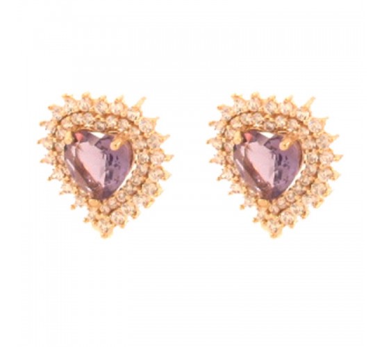 Brinco coracao pedra maior lilas ametista zirconia cristal em volta. 13x12mm. 151407