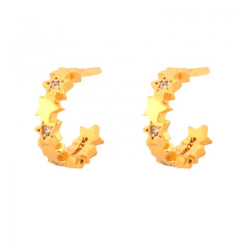 Brinco meia argola pequena intercalado estrelas lisas e zirconia cristal. 11.5mm. 151438