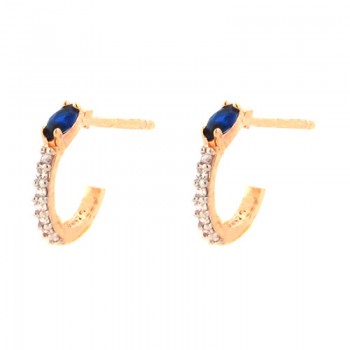 Brinco meia argola pequena fina zirconia cristal e navete azul. 11mm. 151440