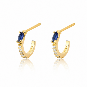 Brinco meia argola pequena fina zirconia cristal e navete azul. 11mm. 151440 Brinco meia argola pequena fina zirconia cristal e navete azul. 11mm. 151440