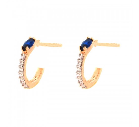 Brinco meia argola pequena fina zirconia cristal e navete azul. 11mm. 151440