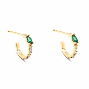 Brinco meia argola peuqena fina zirconia cristal e navete verde. 11mm. 151441