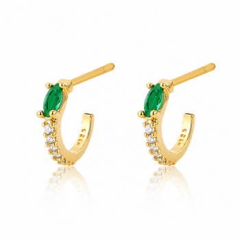 Brinco meia argola peuqena fina zirconia cristal e navete verde. 11mm. 151441 Brinco meia argola peuqena fina zirconia cristal e navete verde. 11mm. 151441