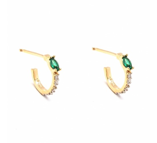 Brinco meia argola peuqena fina zirconia cristal e navete verde. 11mm. 151441