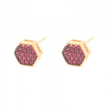 Brinco chuveiro sextavado zirconia vermelha. 6x6mm. 151562